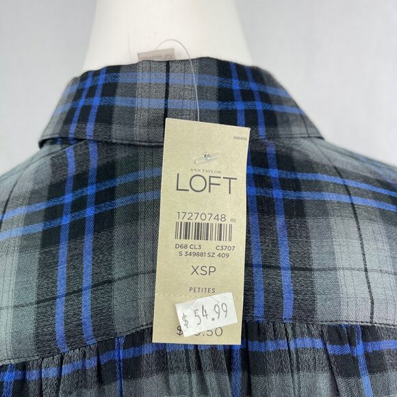 Ann Taylor Loft Plaid Gingham Blue Grey Rhinestone Button Down Shirt Petites XSP - Picture 5 of 10